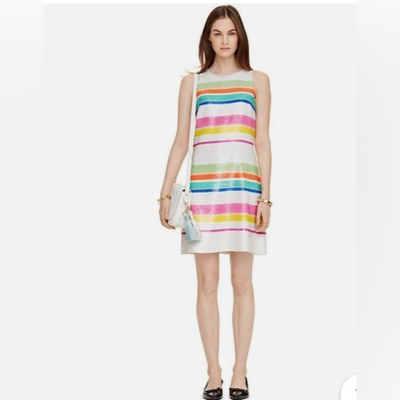 Kate Spade White Pink Cape Multi Stripe Sequin Lined Shift Dress Size 6 Party - Picture 13 of 15